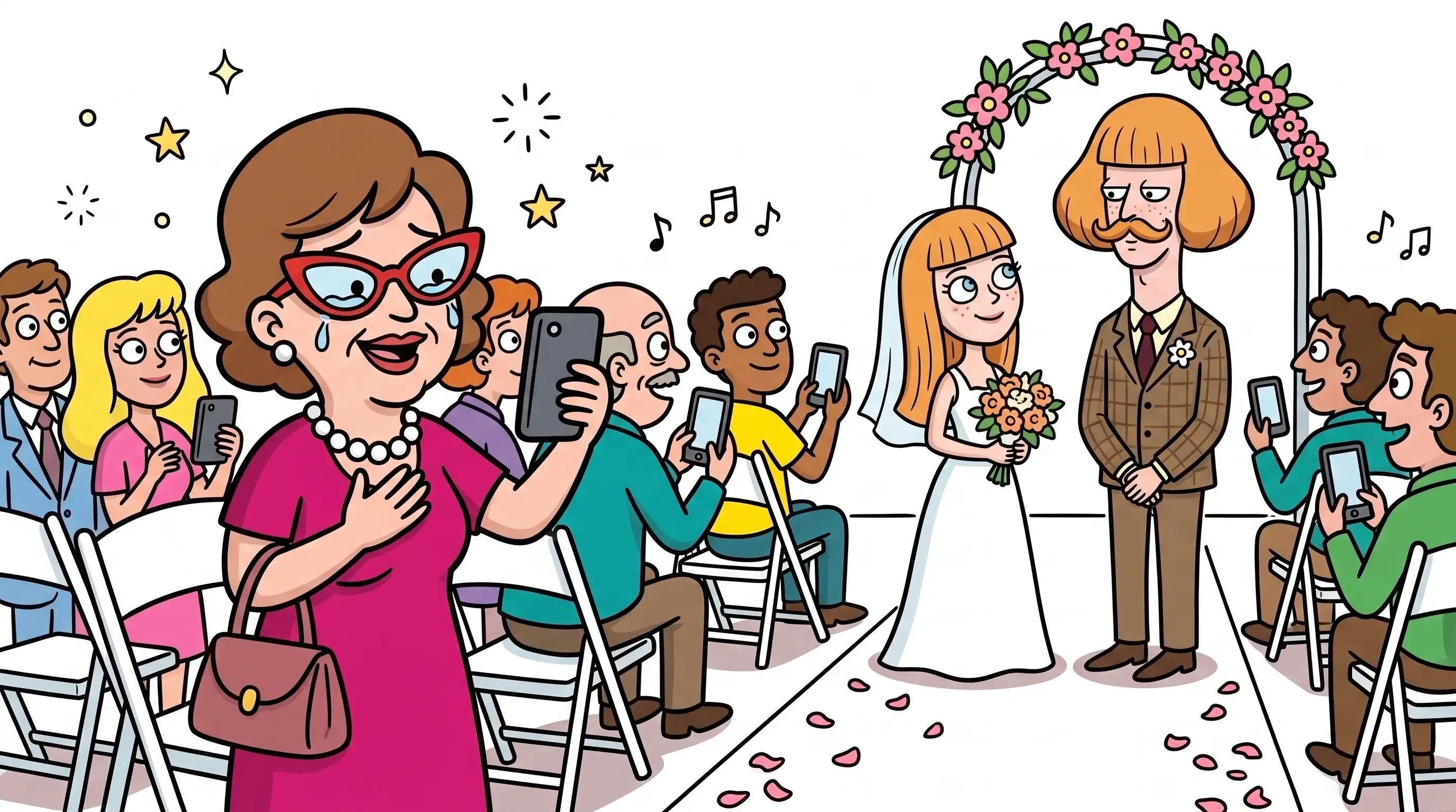 La tante debout devant sa chaise dans l'assistance, émue, qui prend une photo avec son téléphone pendant que la mariée avance dans l'allée pour rejoindre le marié.