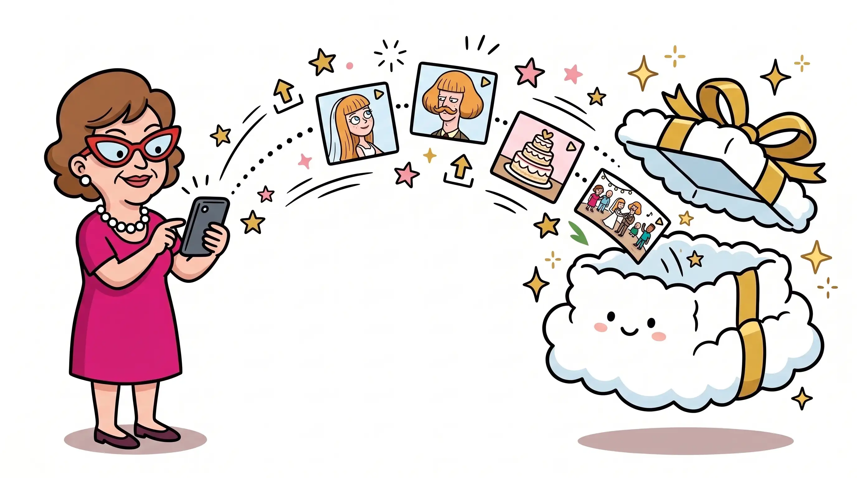 Une invitée (la tante) qui dépose ses vidéos depuis son téléphone: les clips s'envolent de l'écran vers un nuage en forme de boîte.