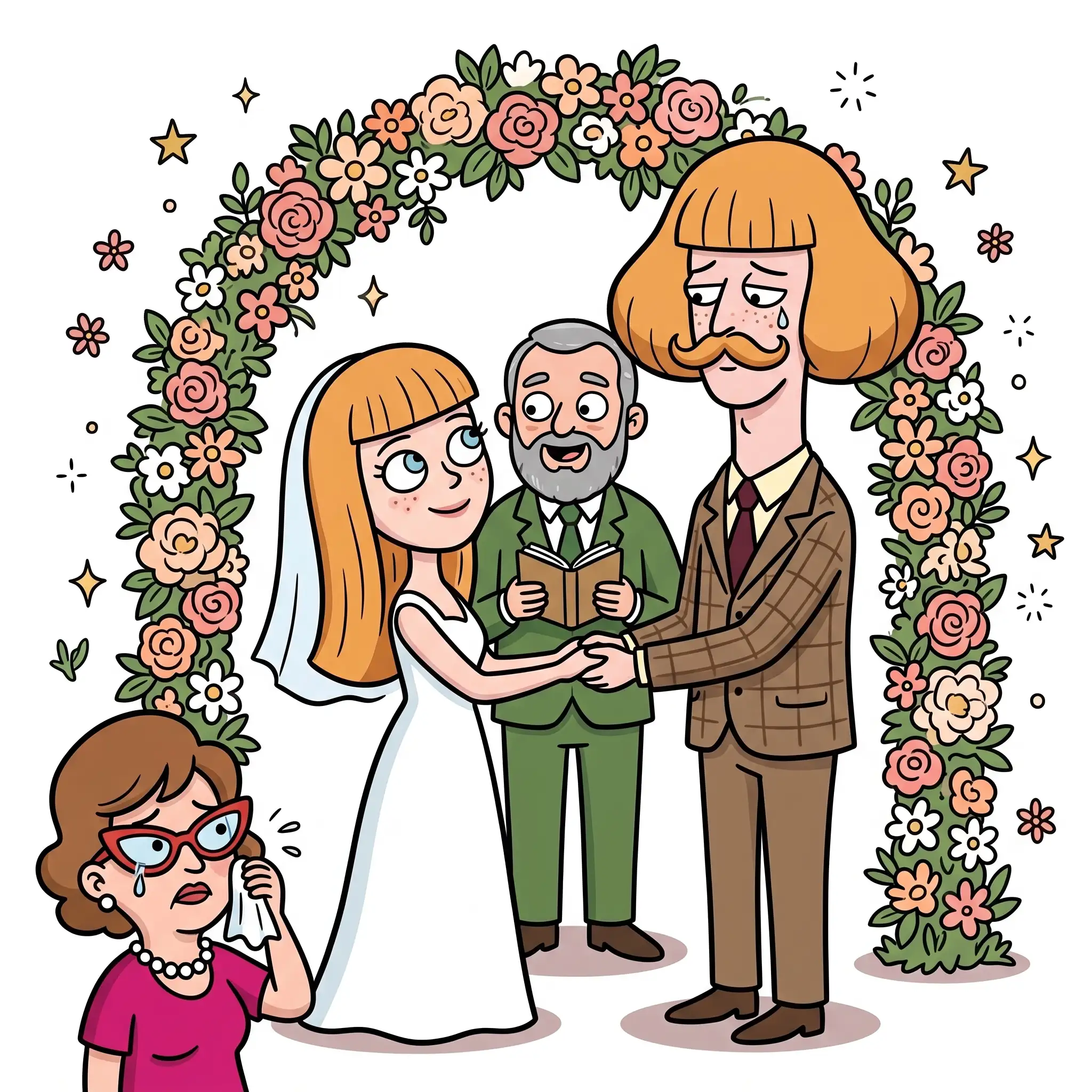 Les mariés devant l'arche fleurie, l'officiant entre les deux, une invitée qui essuie une larme au premier rang.