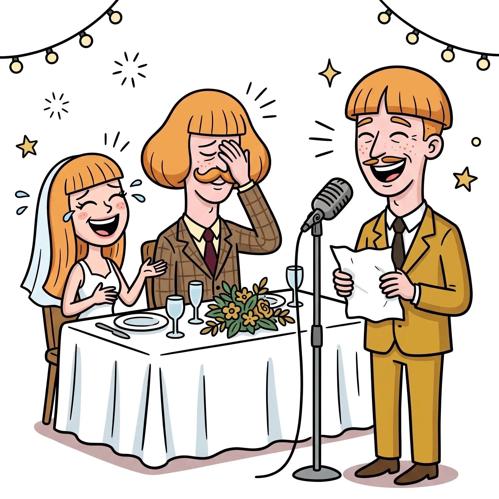 Le garçon d'honneur au micro, feuille froissée à la main, la mariée qui rit aux larmes.