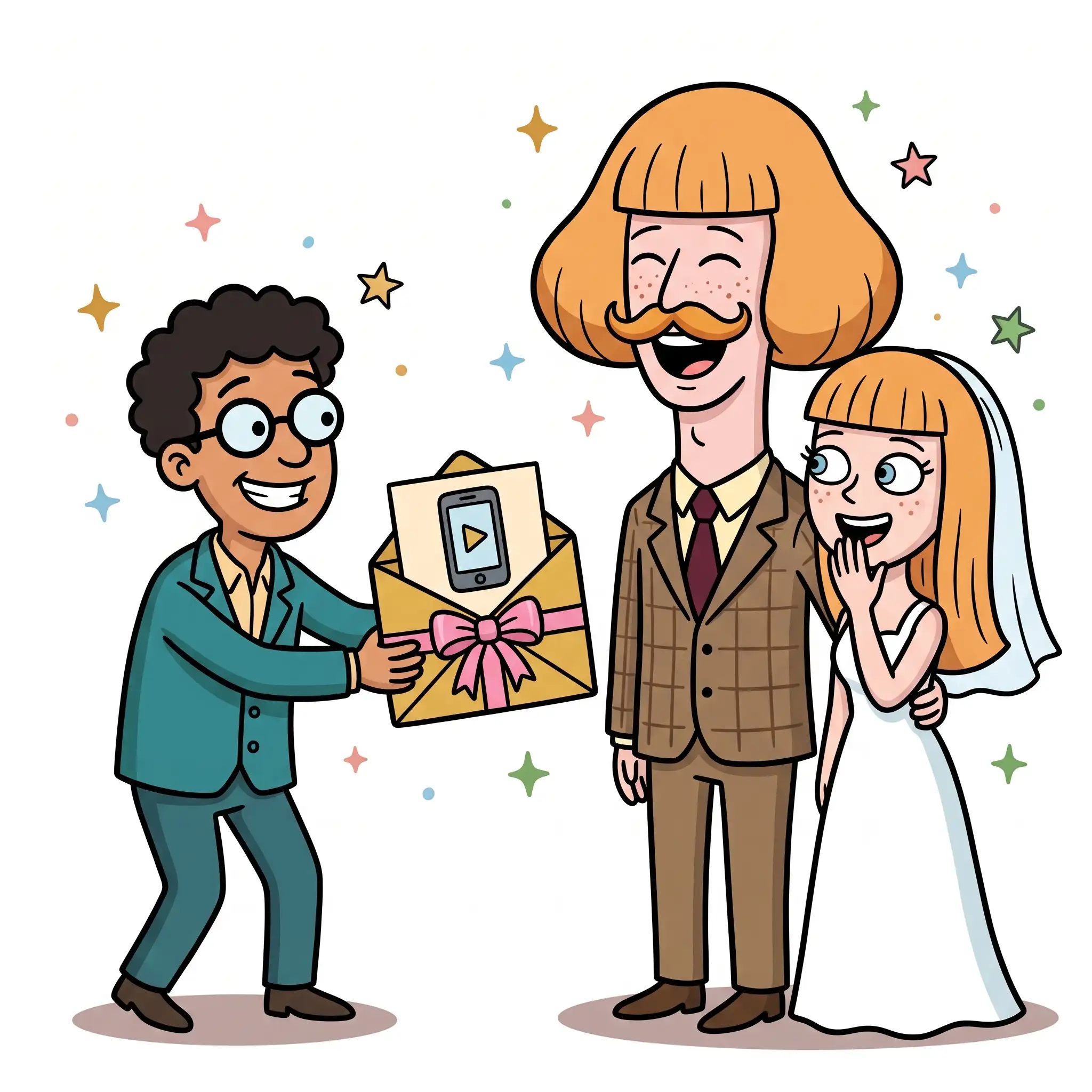 Un ami souriant tend aux mariés une grande enveloppe dorée nouée avec un ruban. Sur la carte: une icône de téléphone et le mot Montage. La mariée met la main sur sa bouche, surprise, le marié éclate de rire.
